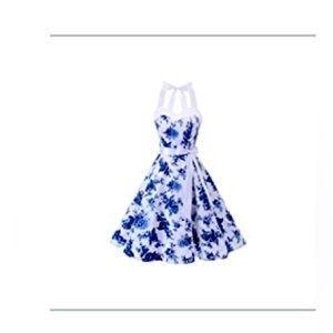 1950's blue and white floral halter dress